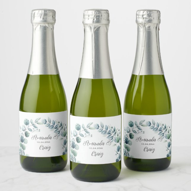 Eucalyptus Botanical Leaf Wedding Sparkling Wine Label (Bottles)