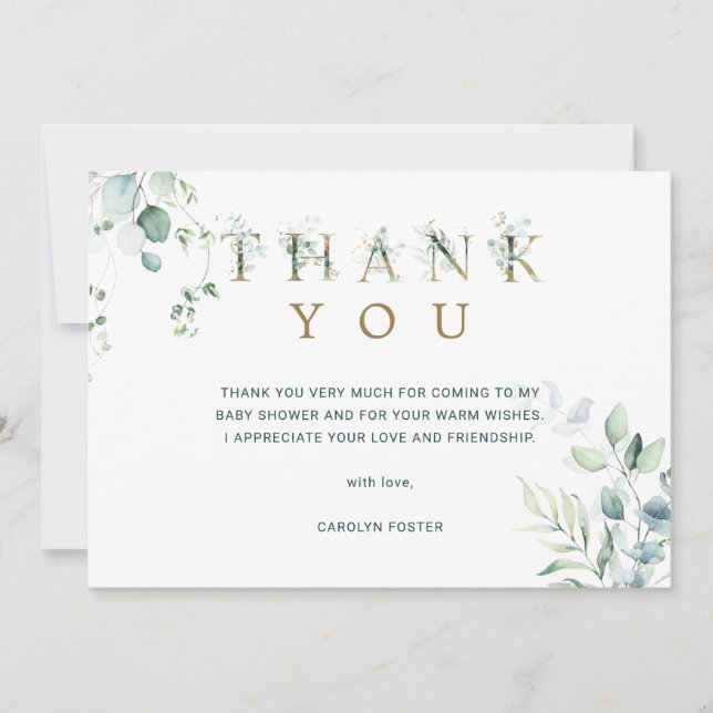 Eucalyptus Botanical Letter Baby Shower Thank You Card (Front)