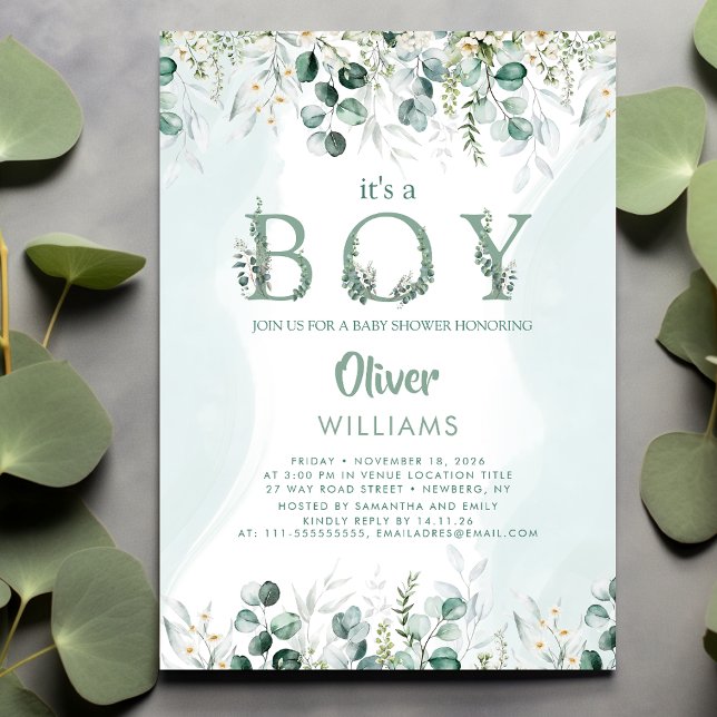 Eucalyptus Botanical Letter It's A Boy Baby Shower Invitation (Creator Uploaded)