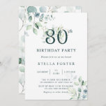 Eucalyptus Botanical Number 80th Birthday Party Invitation<br><div class="desc">This 80th birthday party invitation features painted watercolor eucalyptus and green leaves with botanical green and gold numbers.</div>