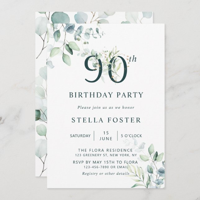Eucalyptus Botanical Number 90th Birthday Party Invitation (Front/Back)