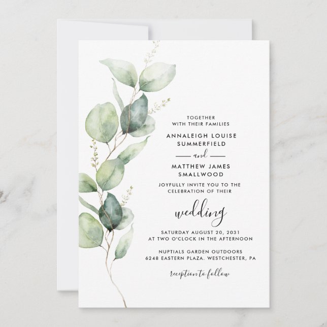 Eucalyptus Botanical QR Code Minimal Wedding Invitation (Front)