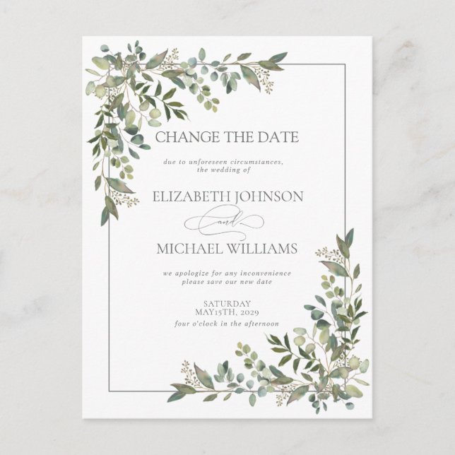 Eucalyptus Botanical Sage Green Change The Date Ho Holiday Postcard (Front)