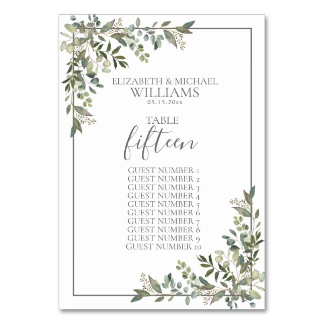 Eucalyptus Botanical Sage Green Guest Names Table Number (Front)