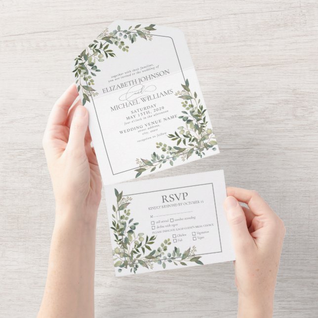 Eucalyptus Botanical Sage Green Meals Wedding All In One Invitation (Tearaway)