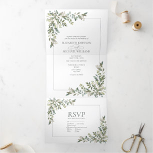 Eucalyptus Botanical Sage Green Meals Wedding Tri-Fold Invitation