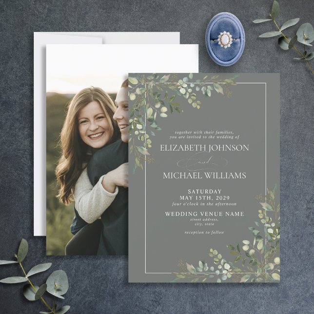 Eucalyptus Botanical Sage Green Photo Wedding Invitation (Creator Uploaded)