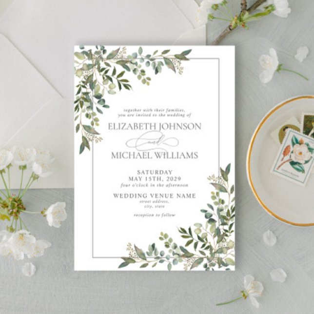 Eucalyptus Botanical Sage Green Script Wedding Invitation (Creator Uploaded)