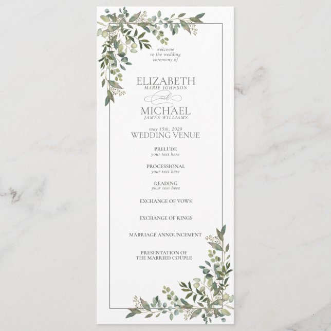 Eucalyptus Botanical Sage Green Script Wedding Program (Front)