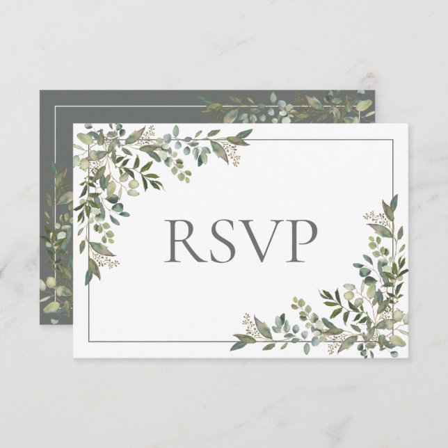 Eucalyptus Botanical Sage Green Script Wedding RSV RSVP Card (Front/Back)