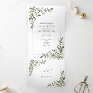 Eucalyptus Botanical Sage Green Script Wedding Tri Tri-Fold Invitation