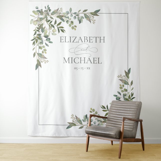 Eucalyptus Botanical Sage Green Wedding Photo Tapestry (In Situ)