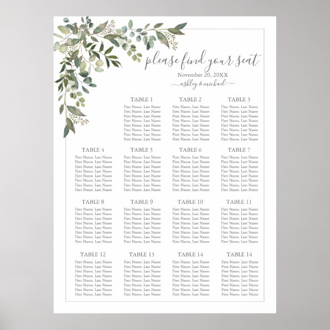Eucalyptus Botanical Sage Green Wedding Seating Poster (Front)