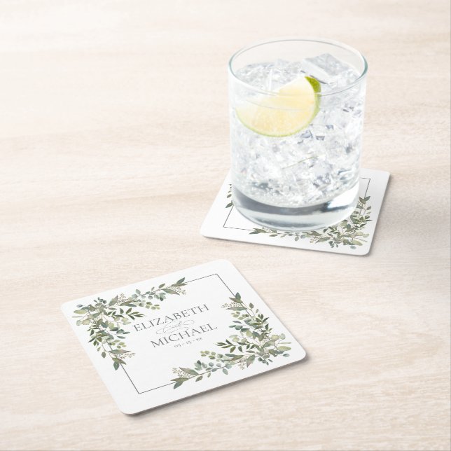 Eucalyptus Botanical Sage Green Wedding Square Paper Coaster (Insitu)