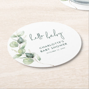 Eucalyptus Botanical Script Baby Shower Round Paper Coaster