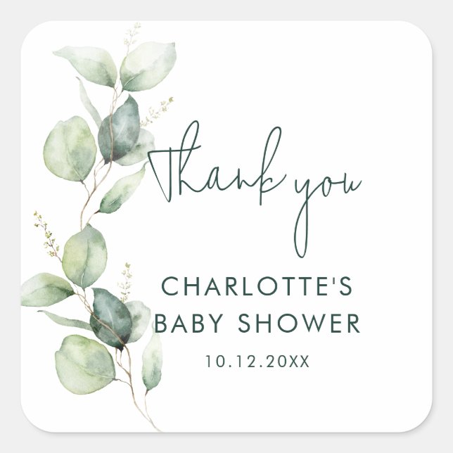 Eucalyptus Botanical Script Baby Shower Square Sticker (Front)