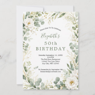 Eucalyptus Botanicals White Florals 50th Birthday  Invitation