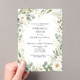 Eucalyptus Botanicals White Rose Rehearsal Dinner Acrylic Invitations