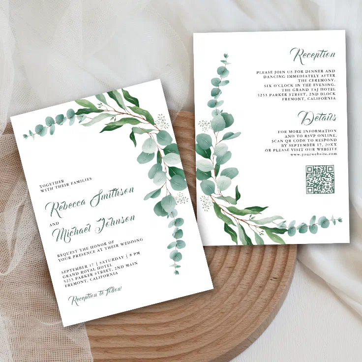 Eucalyptus Branch All In One Qr Code Wedding Invitation Zazzle