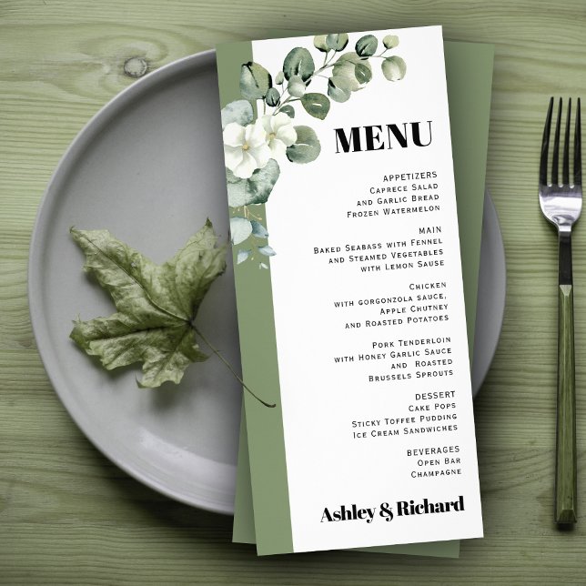 Eucalyptus branch and flowers wedding menu card (Creator Uploaded)