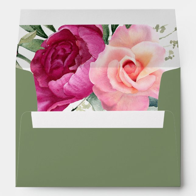 Eucalyptus branch and pink roses floral wedding envelope (Back (Bottom))