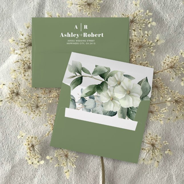 Eucalyptus branch and white flowers wedding envelope (Creator Uploaded)