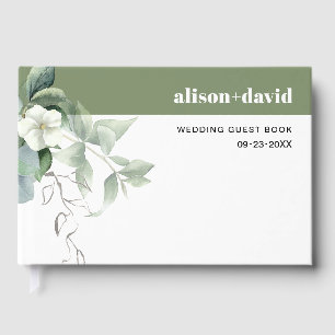 Eucalyptus branch and white flowers wedding guest book
