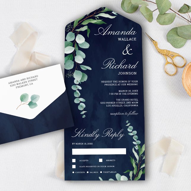 Eucalyptus Branch Foliage Navy Blue Wedding All In One Invitation (Creator Uploaded)
