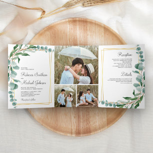 Eucalyptus Branch Gold Frame Photo Collage Wedding Tri-Fold Invitation
