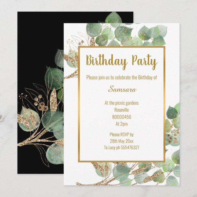 Eucalyptus Branch Green Gold Trim 2 Birthday  Invitation (Front/Back)