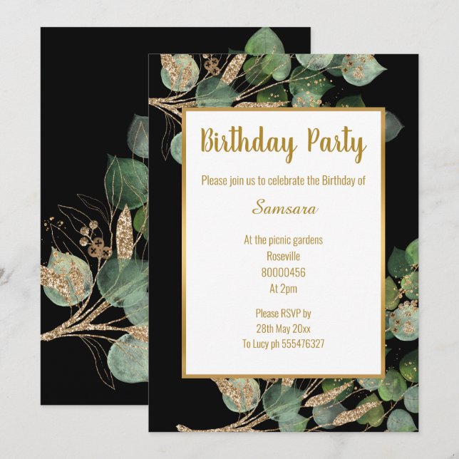 Eucalyptus Branch Green Gold Trim Birthday  Invitation (Front/Back)