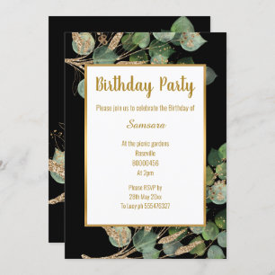Eucalyptus Branch Green Gold Trim Birthday  Invitation