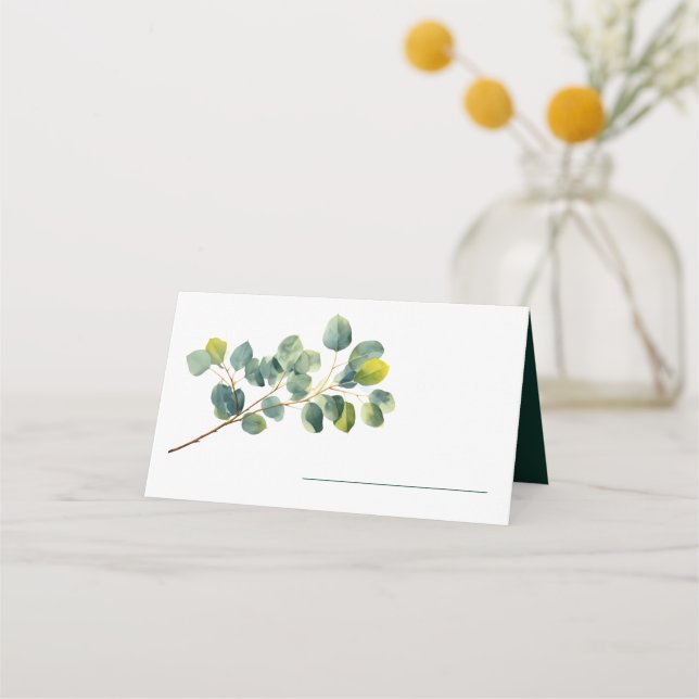 Eucalyptus branch green leaves wedding name place card (Front)