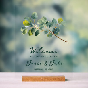 Eucalyptus branch green welcome sign