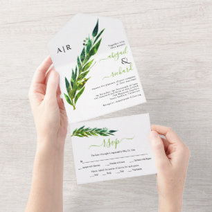 Eucalyptus branch in green tones wedding all in one invitation