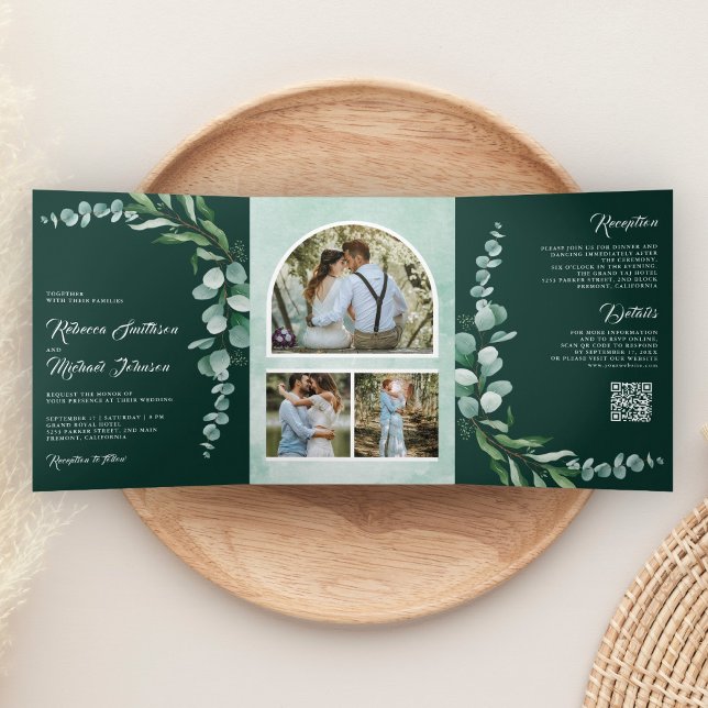 Eucalyptus Branch Photo QR Code Emerald Wedding Tri-Fold Invitation (Creator Uploaded)