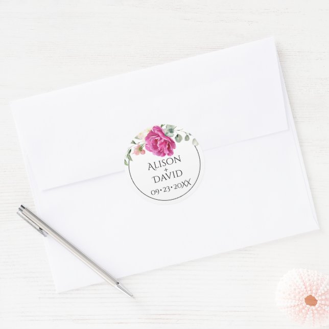 Eucalyptus branch pink rose flowers floral wedding classic round sticker (Envelope)