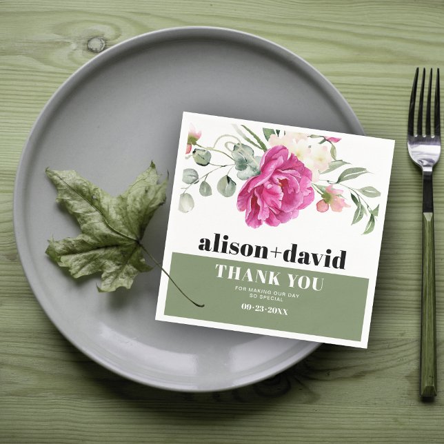 Eucalyptus branch pink rose white flowers wedding napkin (Creator Uploaded)