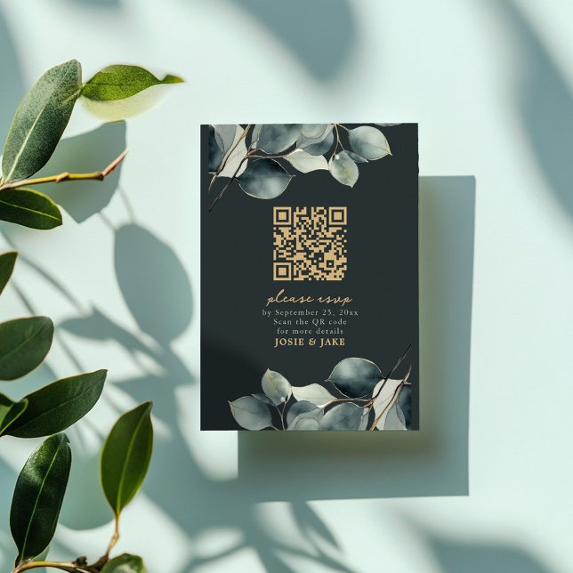 Eucalyptus branch pretty wedding rsvp enclosure card (Charcoal green RSVP card with gold QR code and watercolor eucalyptus leaves.)
