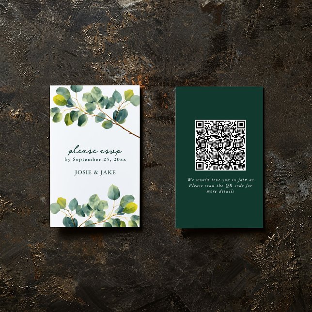 Eucalyptus branch qr code wedding rsvp enclosure (Modern eucalyptus leaf design on perfect for conveying a natural, fresh feel to your event.)