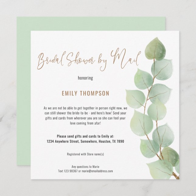 Eucalyptus Branch Script Bridal Shower by Mail Invitation (Front/Back)