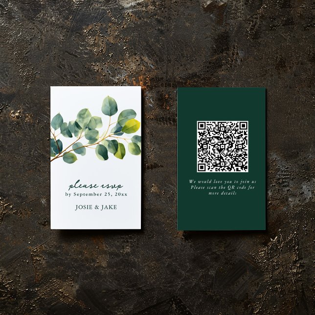 Eucalyptus branch wedding qr code rsvp enclosure card (Eucalyptus wedding RSVP card with watercolor branch and QR code for online response.)