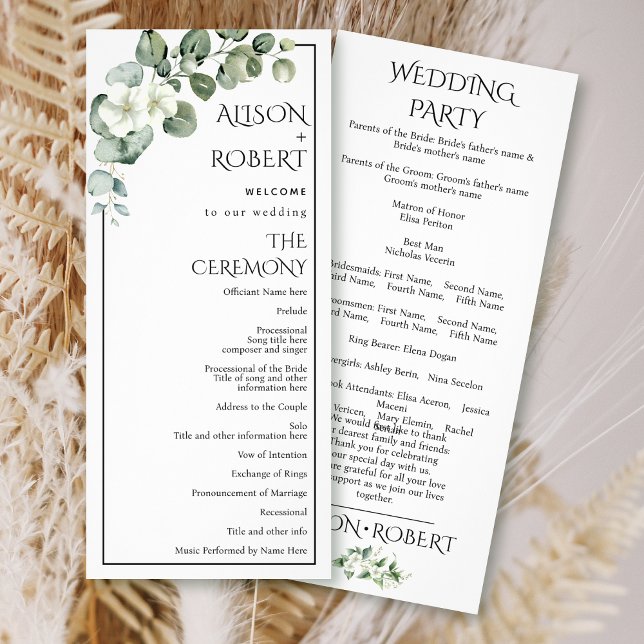 Eucalyptus branch, white flowers wedding program rack card (Creator Uploaded)