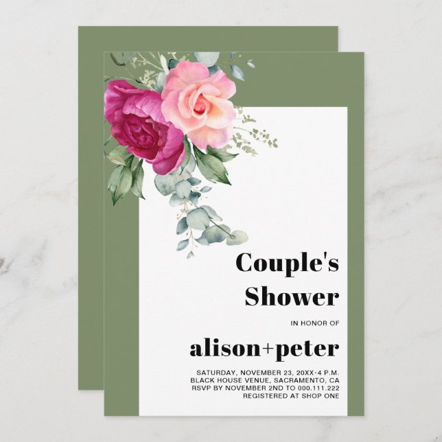 Eucalyptus branches, flowers couple's shower invitation (Front/Back)