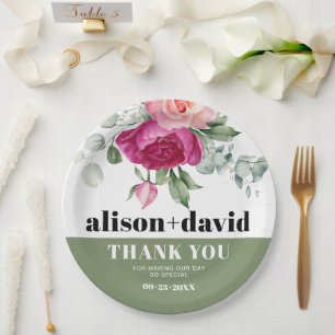 Eucalyptus branches with pink roses floral wedding paper plate