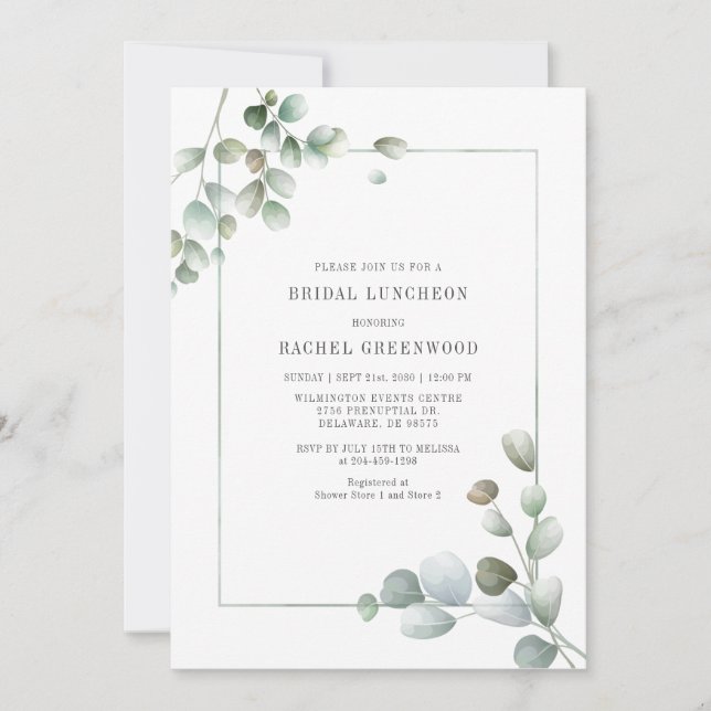 Eucalyptus Bridal Luncheon Watercolor Succulent Invitation (Front)