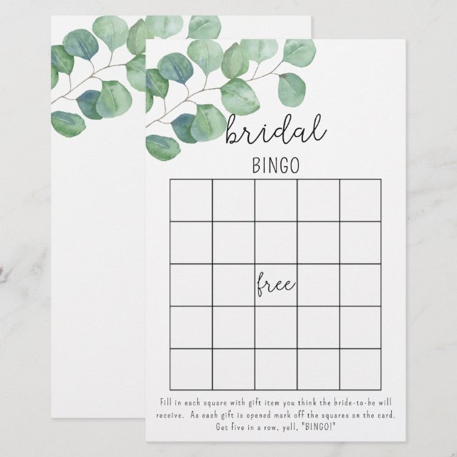 Eucalyptus - bridal shower bingo game (Front/Back)