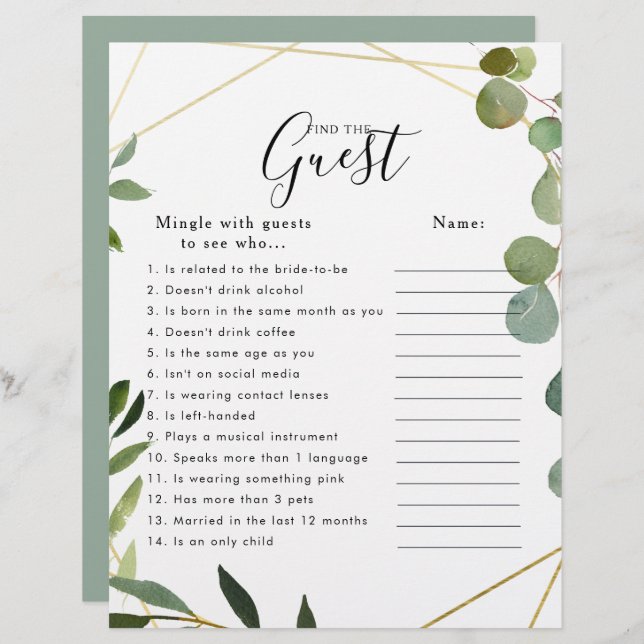 Eucalyptus Bridal Shower Find the Guest Game (Front/Back)