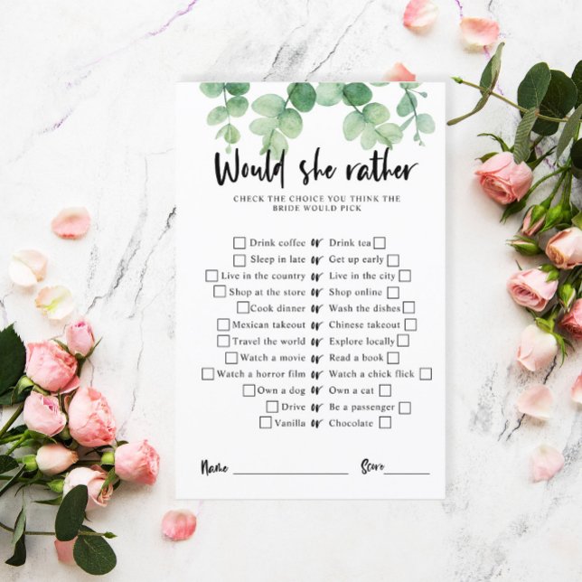 Eucalyptus Bridal Shower Game Would she rather  (Creator Uploaded)