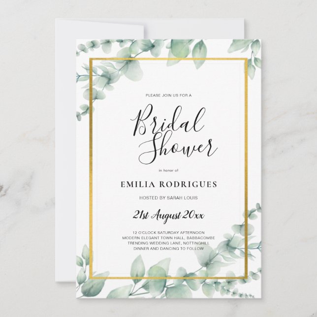 Eucalyptus BRIDAL SHOWER Greenery Gold QR Code Inv Invitation (Front)